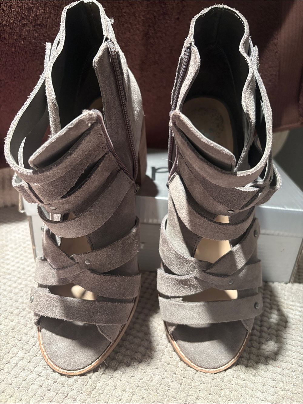 Vince Camuto Taupe Suede Strappy Open-Toe Heels